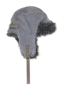 Gray knitted aviator hat with faux fur trim and adjustable strap by kijima takayuki for men in wool knit material