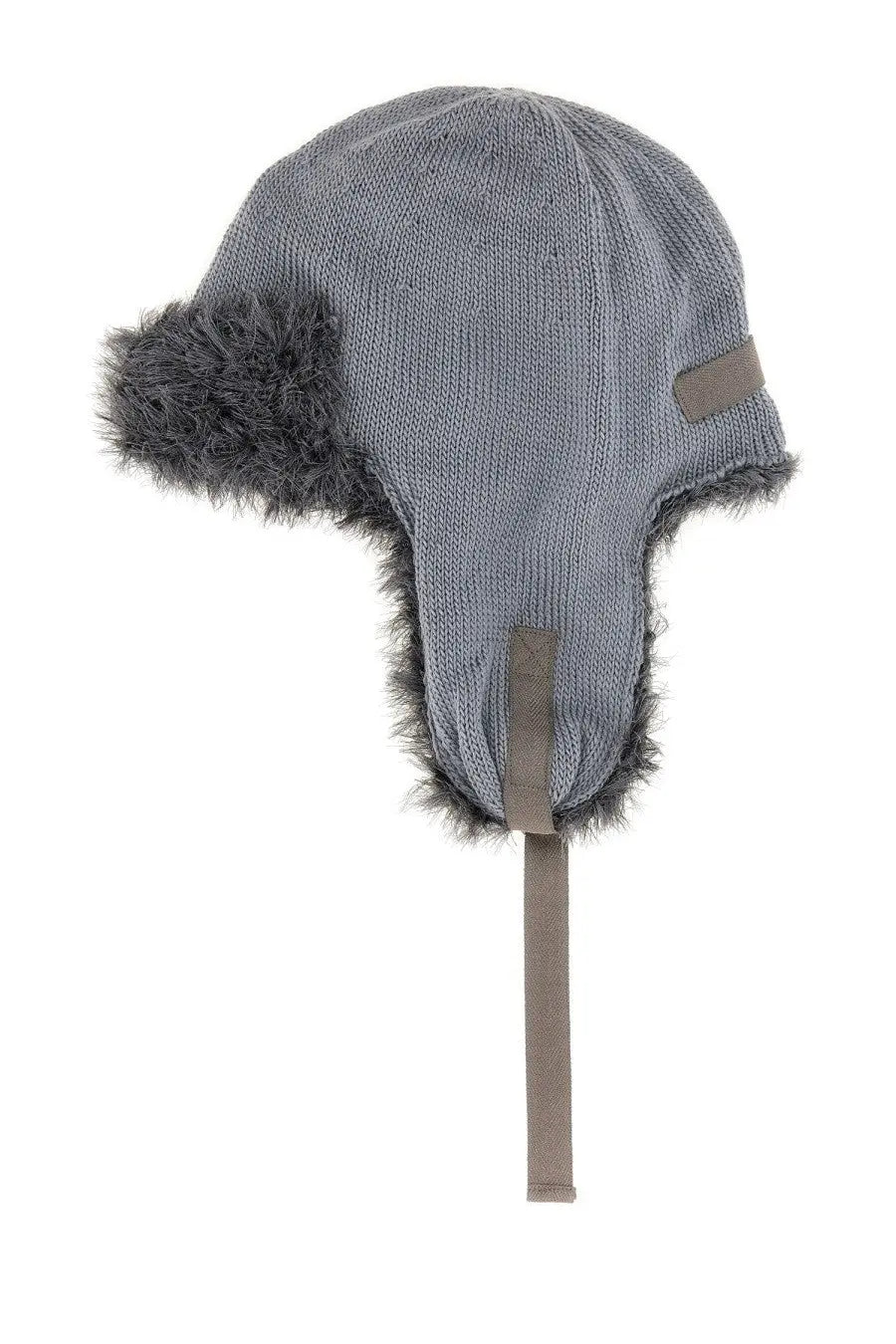 Gray knitted aviator hat with faux fur trim and adjustable strap from kijima takayuki men’s wool knit collection