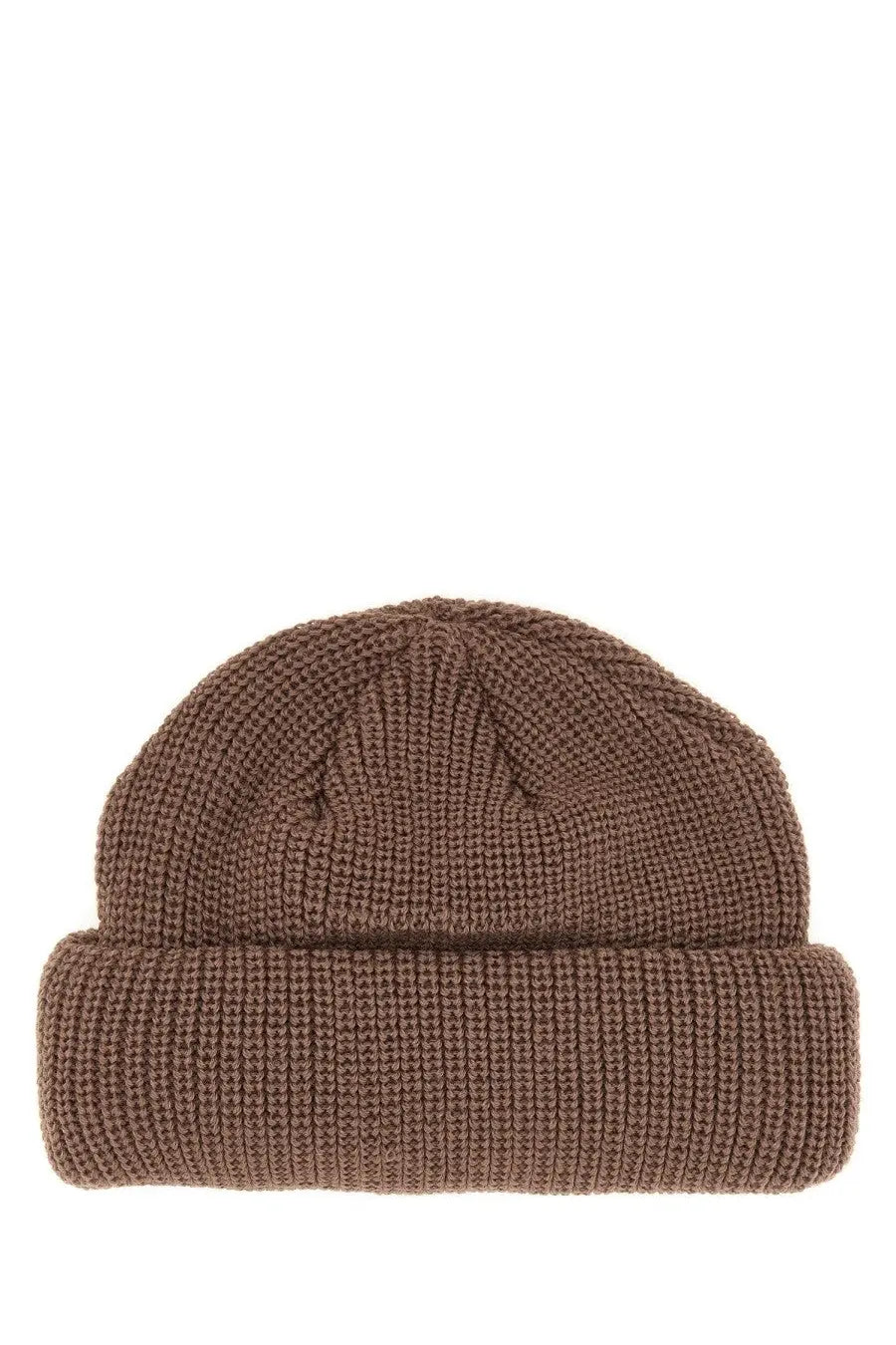 Brown knitted beanie with folded cuff made of wool by kijima takayuki for women