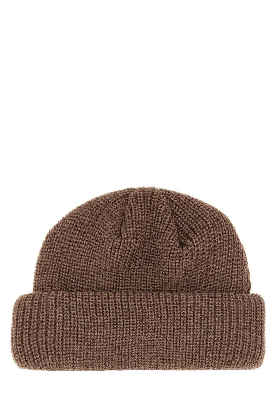 Kijima Takayuki women’s brown knitted beanie with ribbed texture and folded cuff made from soft yarn