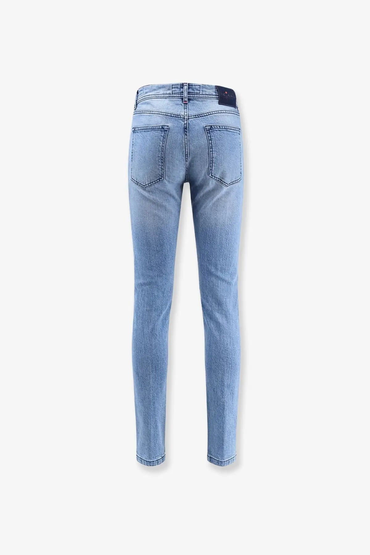 Kiton men’s blue denim jeans in light wash with slim fit and classic back pockets shown from the back side