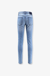 Kiton men’s blue denim jeans light-wash with slim fit and classic back pockets shown from the back side