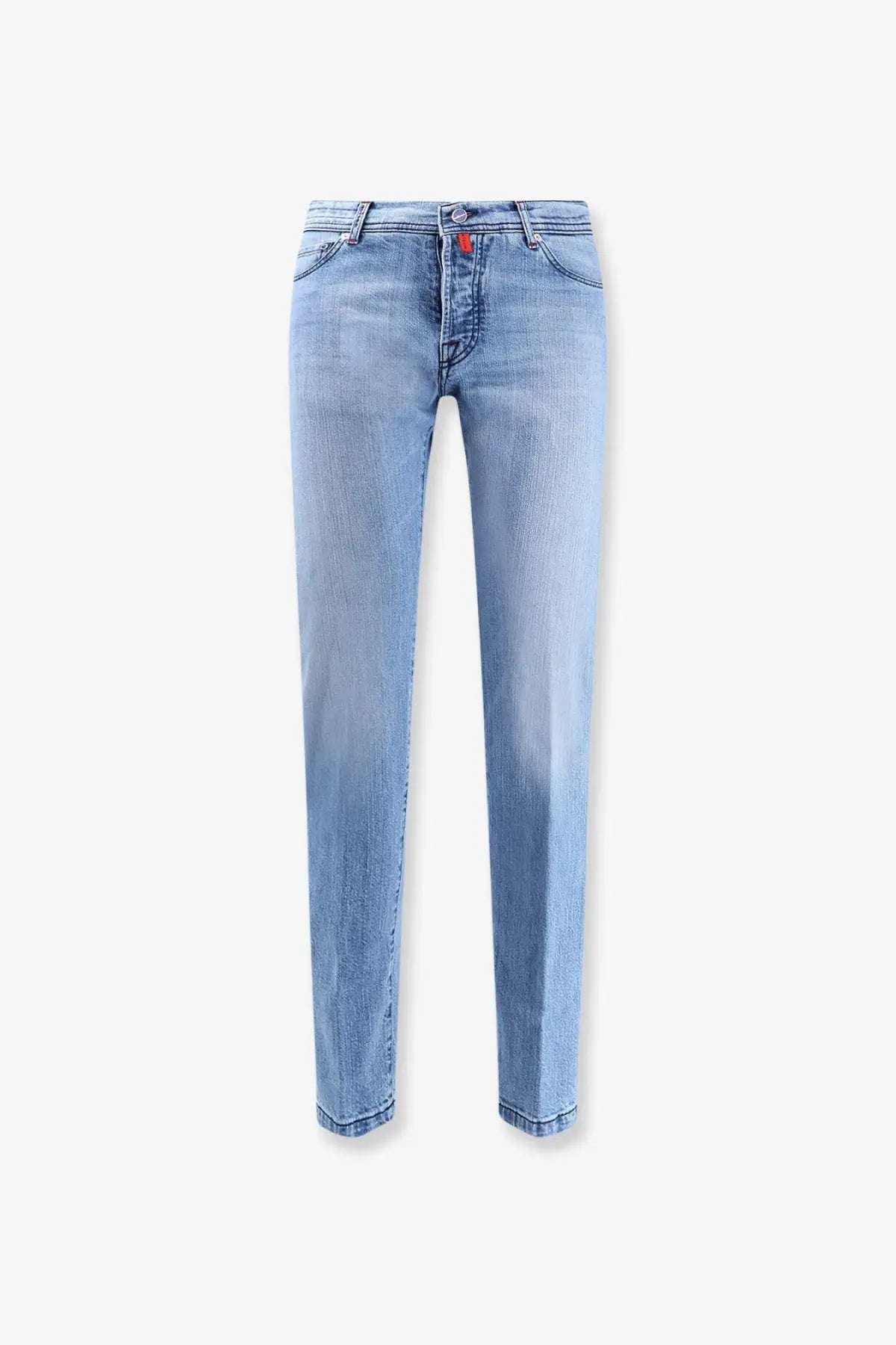 Kiton men’s blue light-wash denim jeans with straight-leg cut subtle fading and orange button waistband