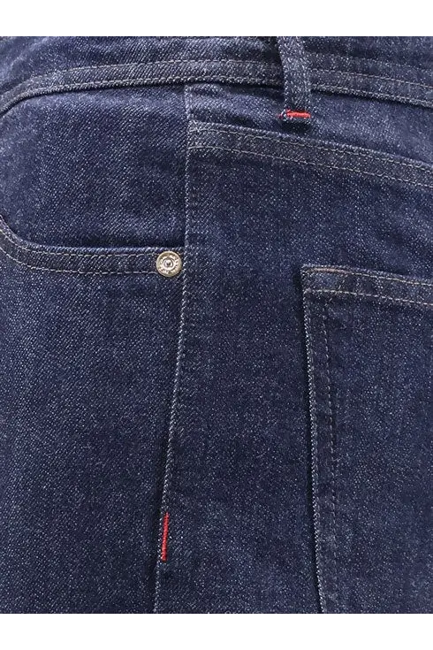 Kiton men’s cotton blend dark blue denim jeans with subtle faded wash and red stitching on the back side