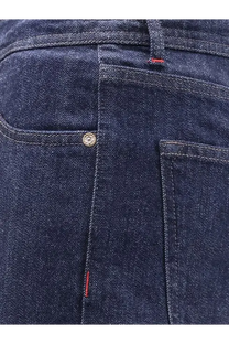 Kiton men’s cotton blend dark blue denim jeans with subtle faded wash and red stitching on the back side