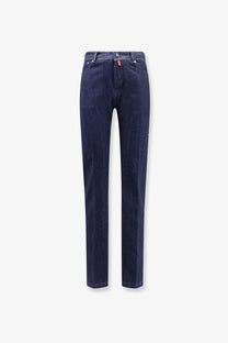 Kiton men’s cotton blend jeans in dark indigo with a straight-leg cut and subtle stitching details
