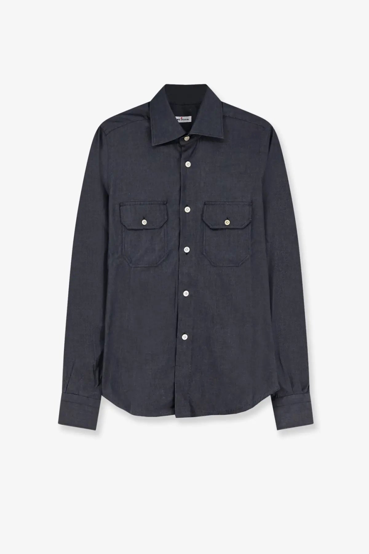 Kiton men’s cotton shirt black in dark navy blue with long sleeves two chest pockets and white buttons