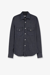 Kiton men’s cotton shirt black in dark navy blue with long sleeves two chest pockets and white buttons