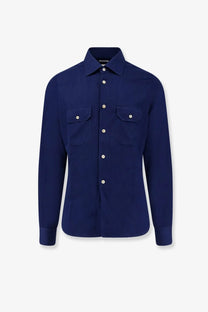 Kiton men’s navy blue cotton long-sleeved button-down shirt with two chest pockets and silver buttons