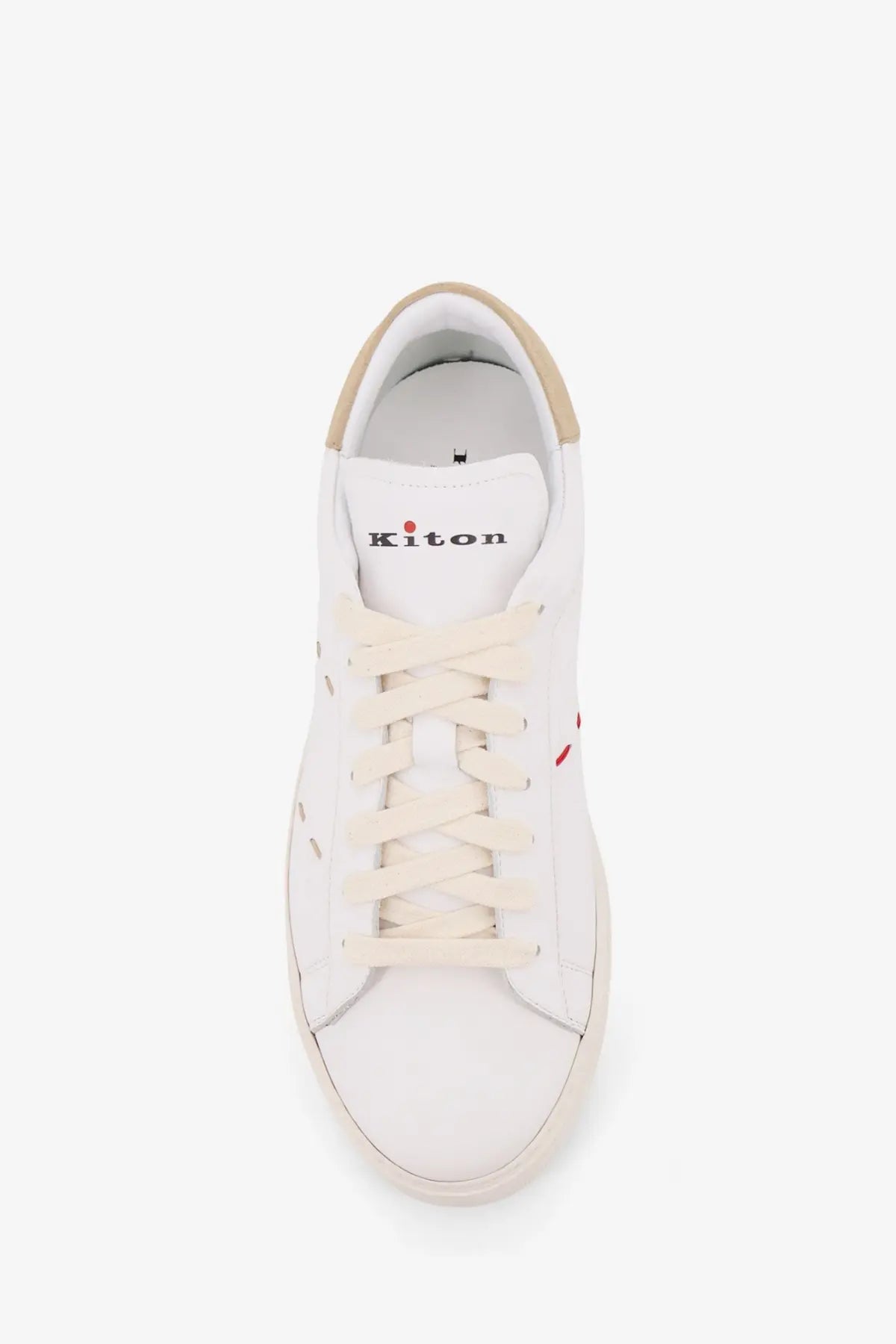Kiton men’s leather white low-top sneaker with beige accents and subtle red stitching details