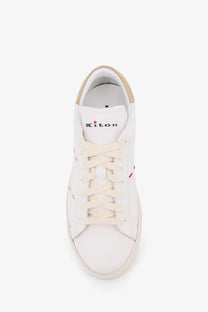 Kiton men’s leather white low-top sneaker with beige accents and subtle red stitching details