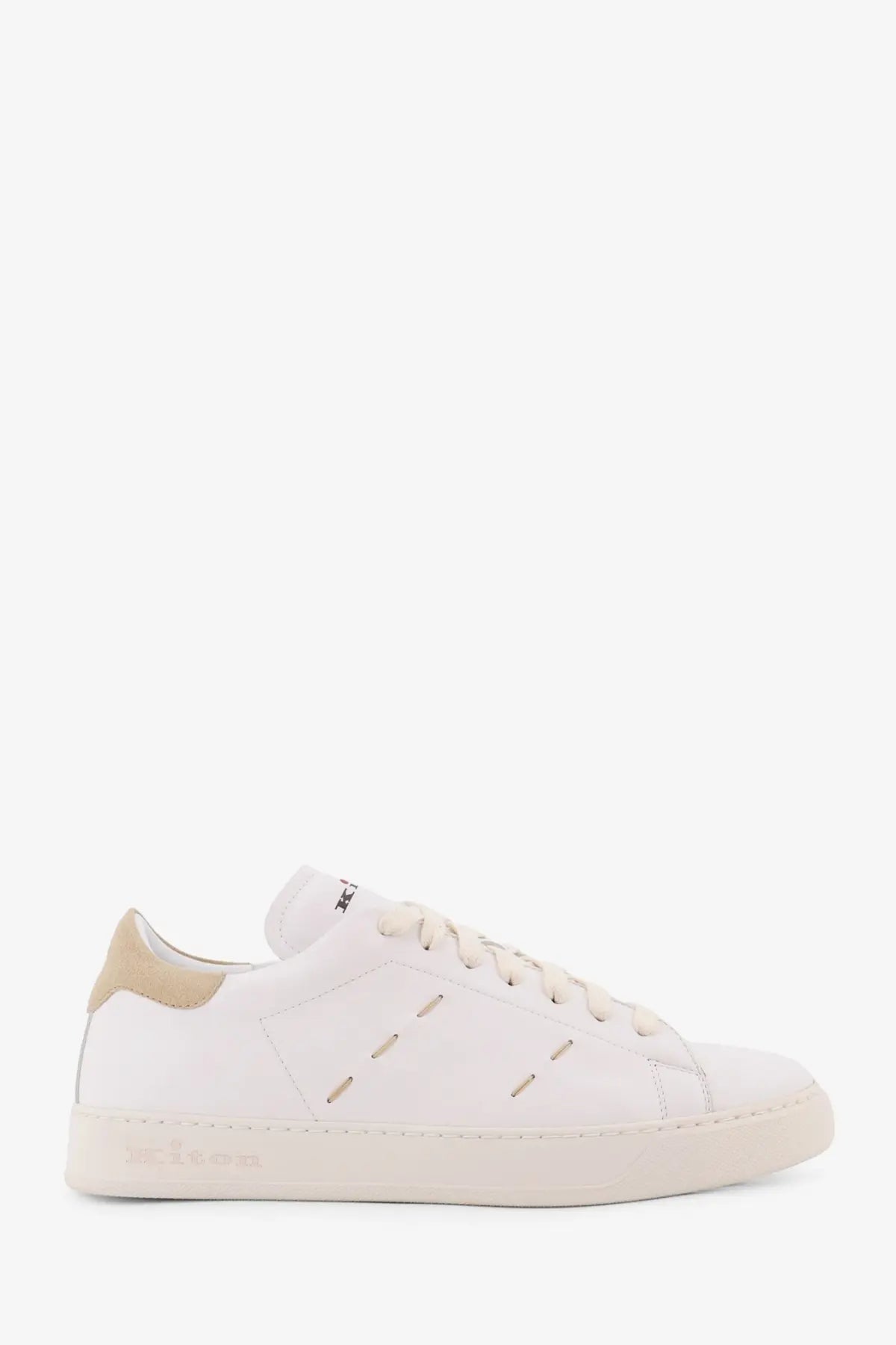 Kiton men’s white leather low-top sneaker with beige accents on heel tab and sole showing the back side