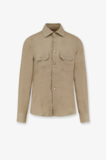 Kiton men’s beige linen long-sleeved shirt with silver buttons and two chest pockets