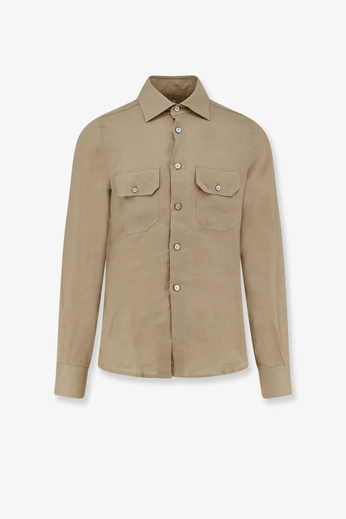 Kiton men’s beige linen long-sleeved button-up shirt with two chest pockets and silver buttons