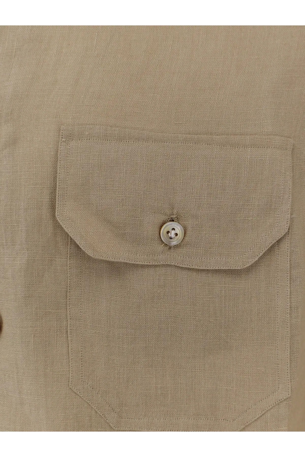 Beige kiton men’s linen shirt pocket with silver button showcasing key detail of breathable fabric design