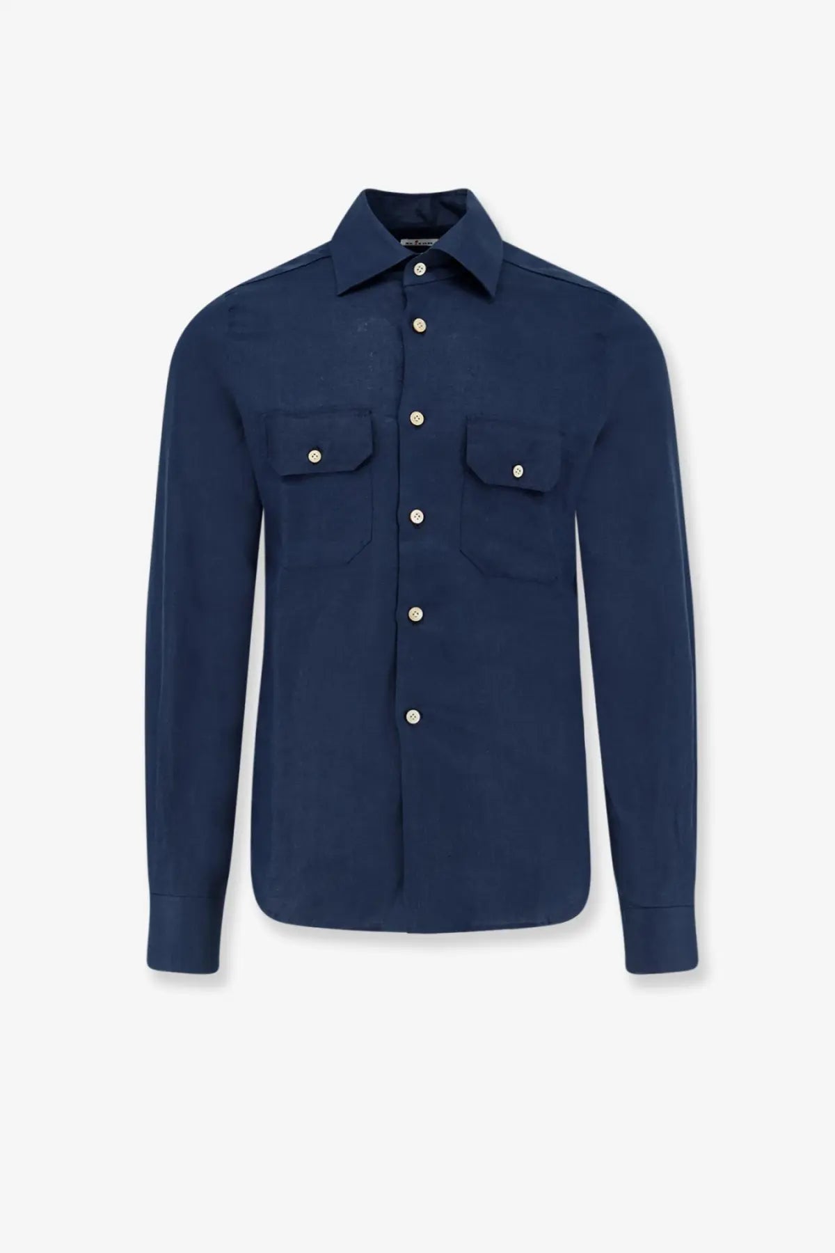 Kiton men’s navy blue linen long-sleeved button-up shirt with two chest pockets and silver buttons