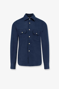 Kiton men’s navy blue linen long-sleeved button-up shirt with two chest pockets and silver buttons