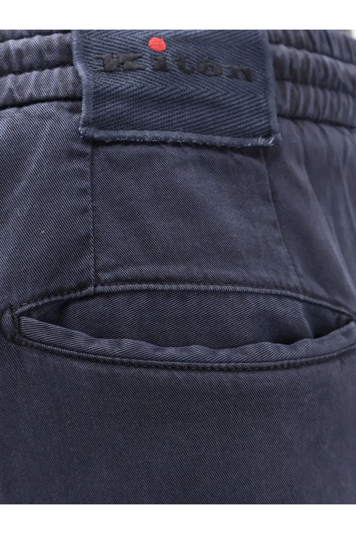 Dark blue denim shorts with woven brand label featuring black embroidery and red dot in Kiton mens lyocell blend trouser blue