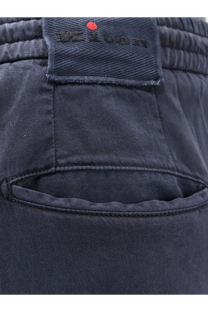 Dark blue denim shorts with woven brand label featuring black embroidery and red dot in Kiton mens lyocell blend trouser blue