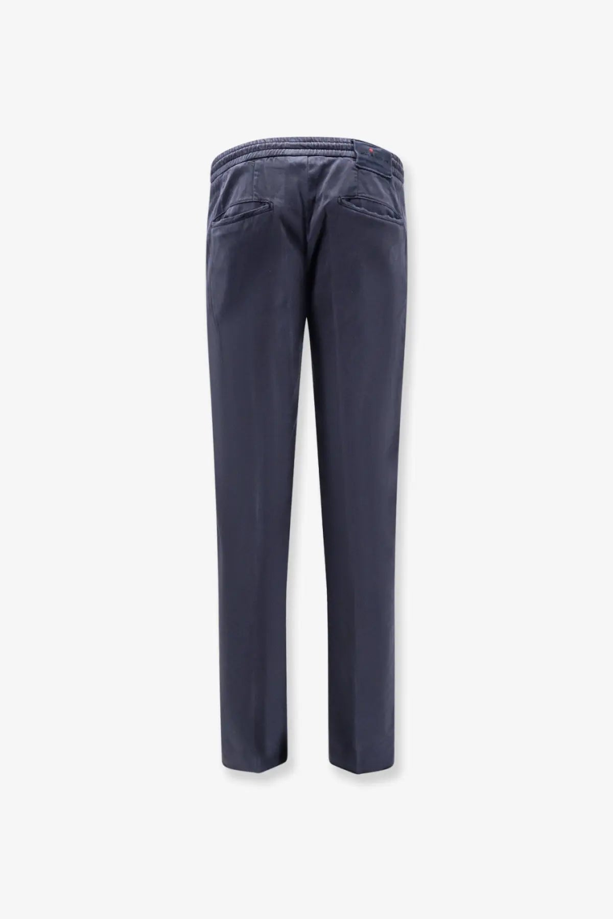 Back view of kiton men’s dark blue lyocell blend slim-fit trousers with stretchy elastic waistband and two back pockets
