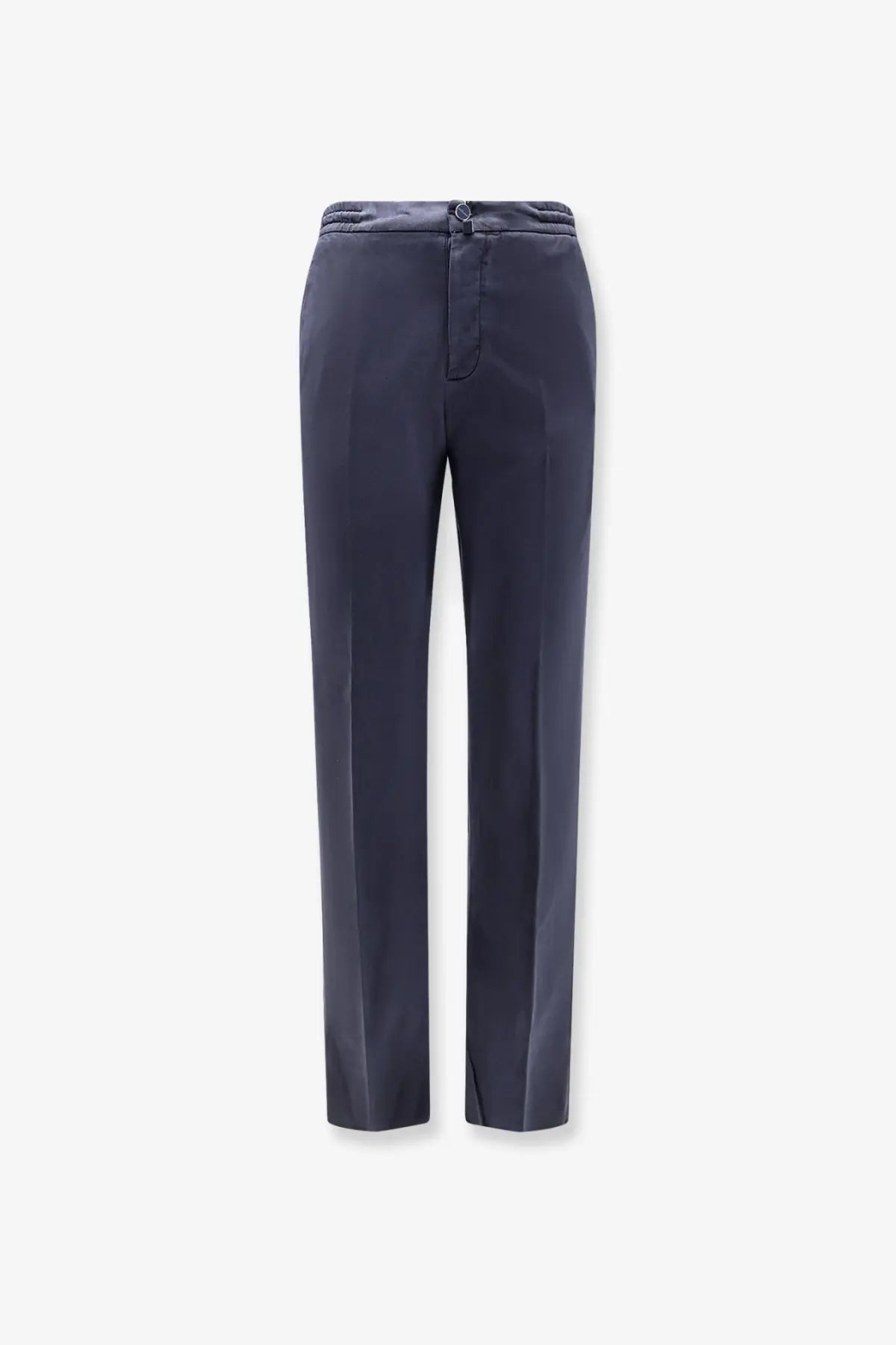 Kiton men’s lyocell blend navy blue tailored trousers with a sleek straight-leg cut and subtle creases