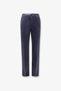 Kiton men’s lyocell blend navy blue tailored trousers with a sleek straight-leg cut and subtle creases