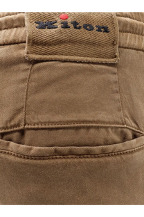 Kiton men’s beige lyocell trousers with brown denim fabric and a woven ziton label embroidered with dark thread and red dot