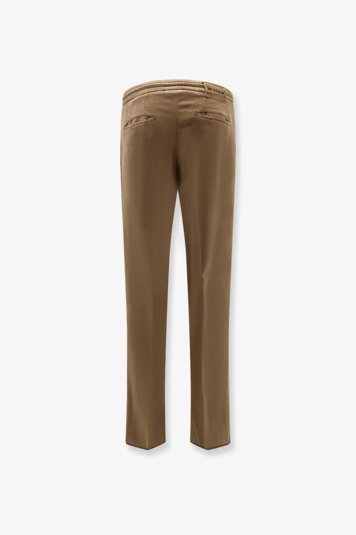 Kiton men’s beige lyocell trouser with relaxed fit and subtle stitching details in tan chino style
