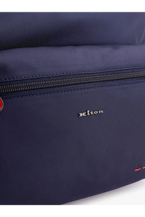 Kiton men’s nylon backpack in navy blue with black zipper and subtle red stitching accents visible from the front