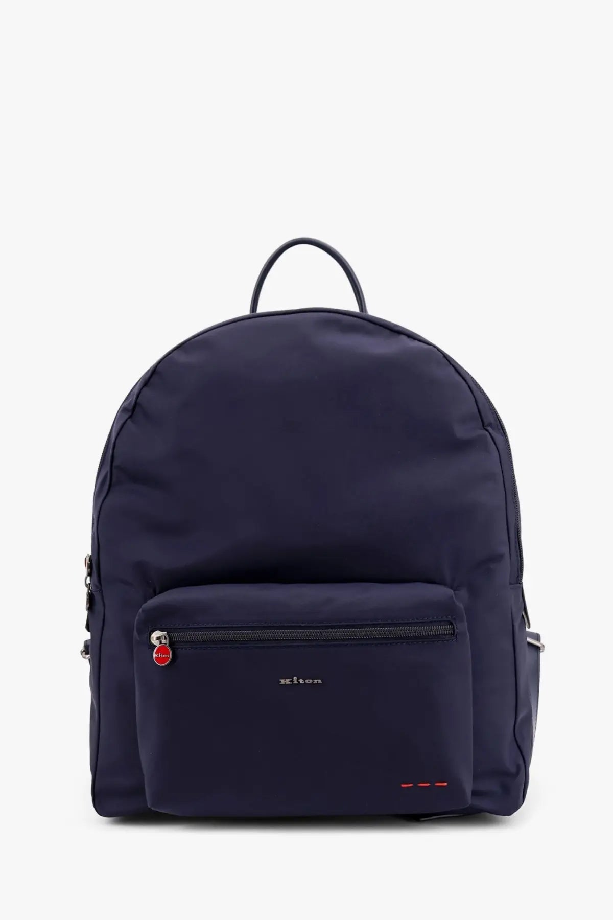 Kiton men’s nylon backpack in navy blue with red zipper pulls and subtle logo on front pocket