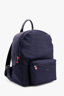 Kiton men’s nylon backpack in navy blue with red zipper pulls and black straps for everyday use