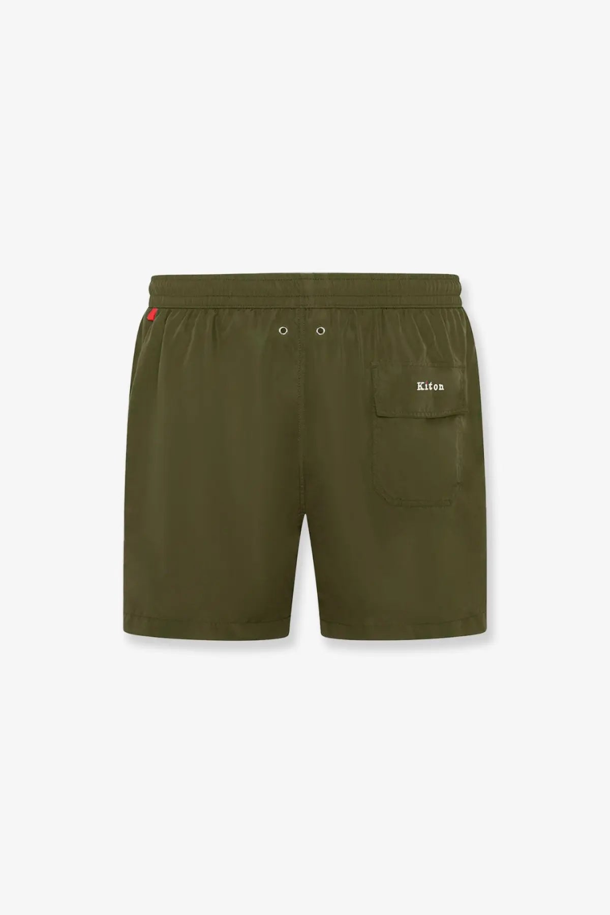 Back view of olive green Kiton men’s nylon swim trunks with woven logo on pocket and red tag at waistband
