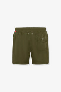 Back view of olive green Kiton men’s nylon swim trunks with woven logo on pocket and red tag at waistband