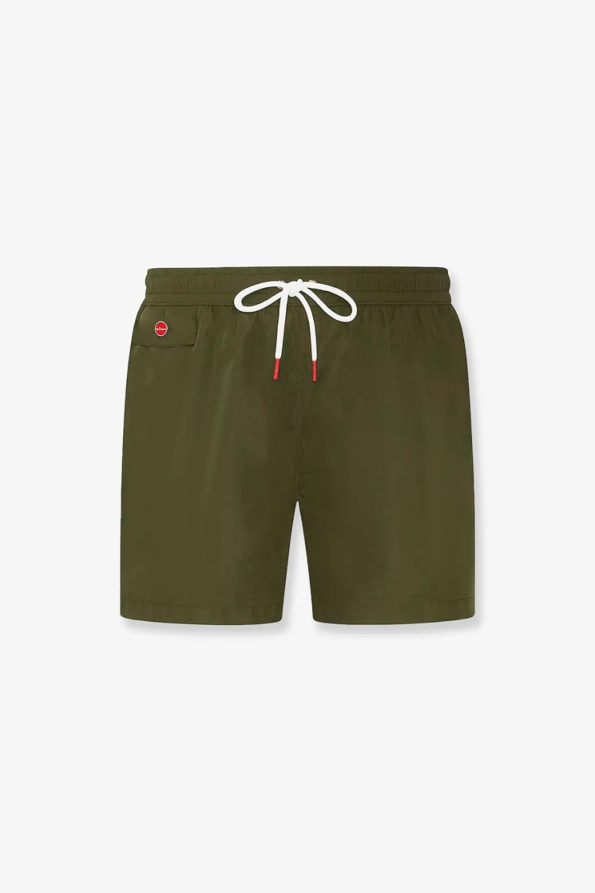 Kiton men’s olive green nylon swim trunks with white drawstring and red aglets for casual beachwear
