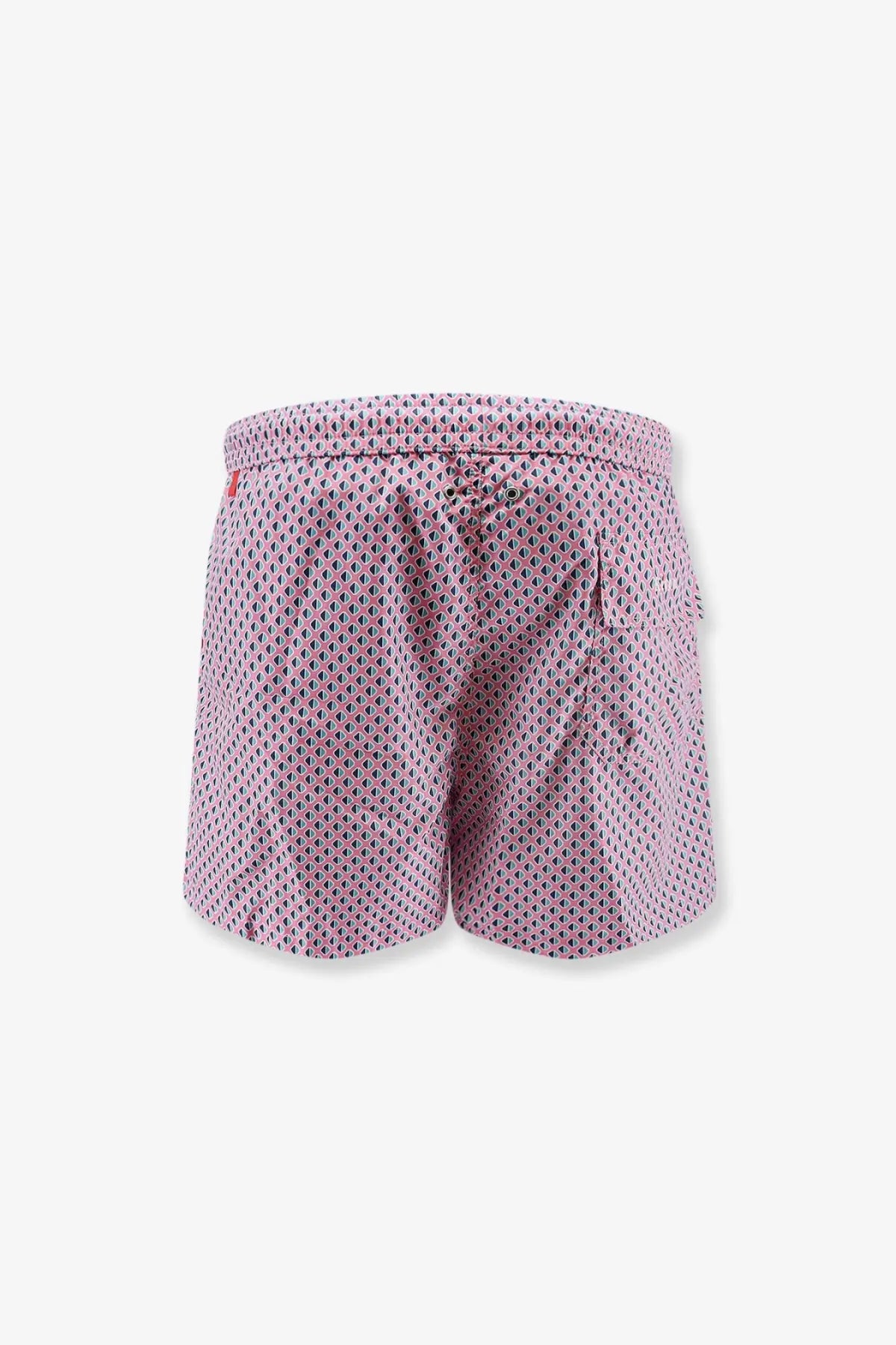 Kiton men’s nylon swim trunks in pink with a multicolor repeating geometric pattern for beachwear