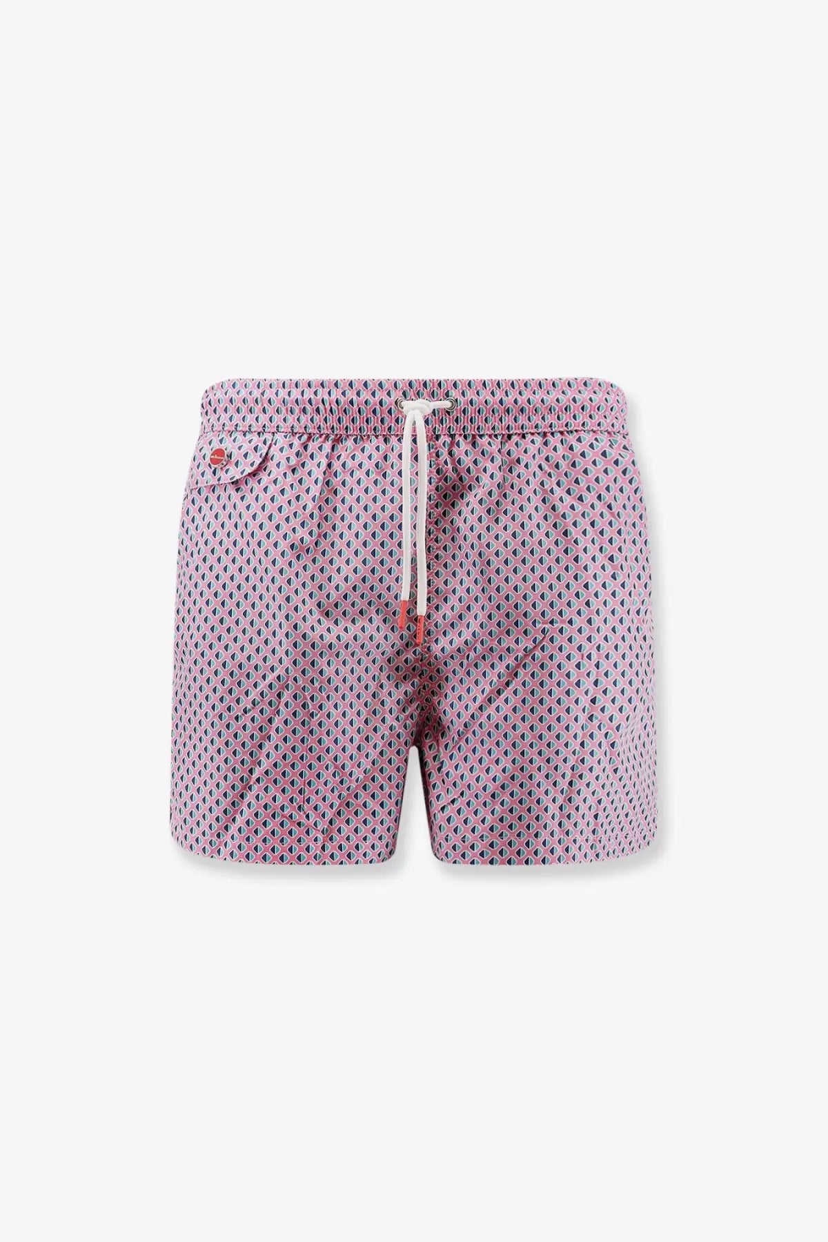 Kiton men’s nylon swim trunks in pink with a white drawstring and subtle geometric pattern for swimwear use