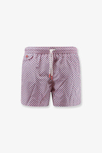 Kiton men’s nylon swim trunks in pink with a white drawstring and subtle geometric pattern for swimwear use