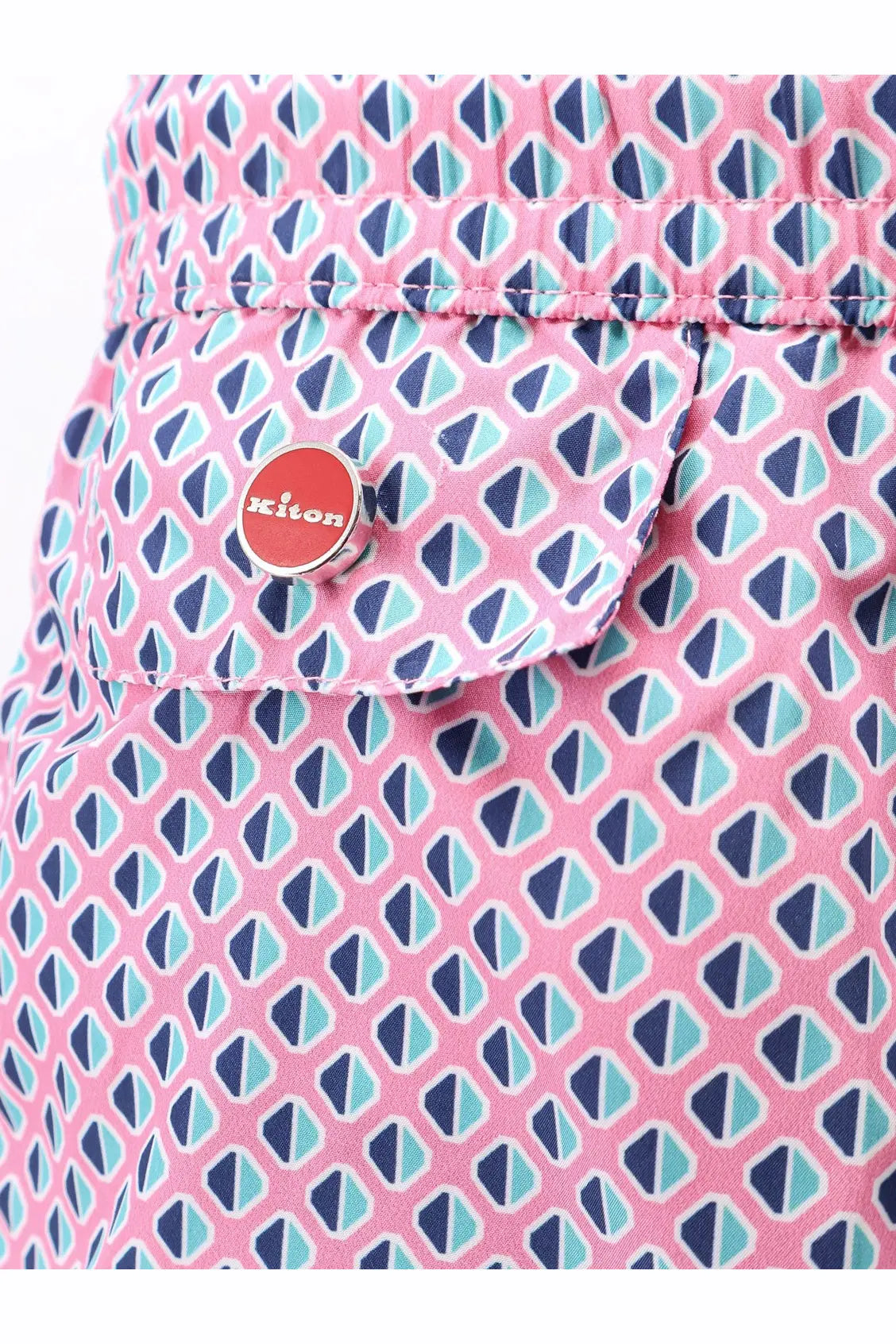 Kiton men’s nylon swim trunks in pink with navy blue and light teal geometric triangles and a red button logo