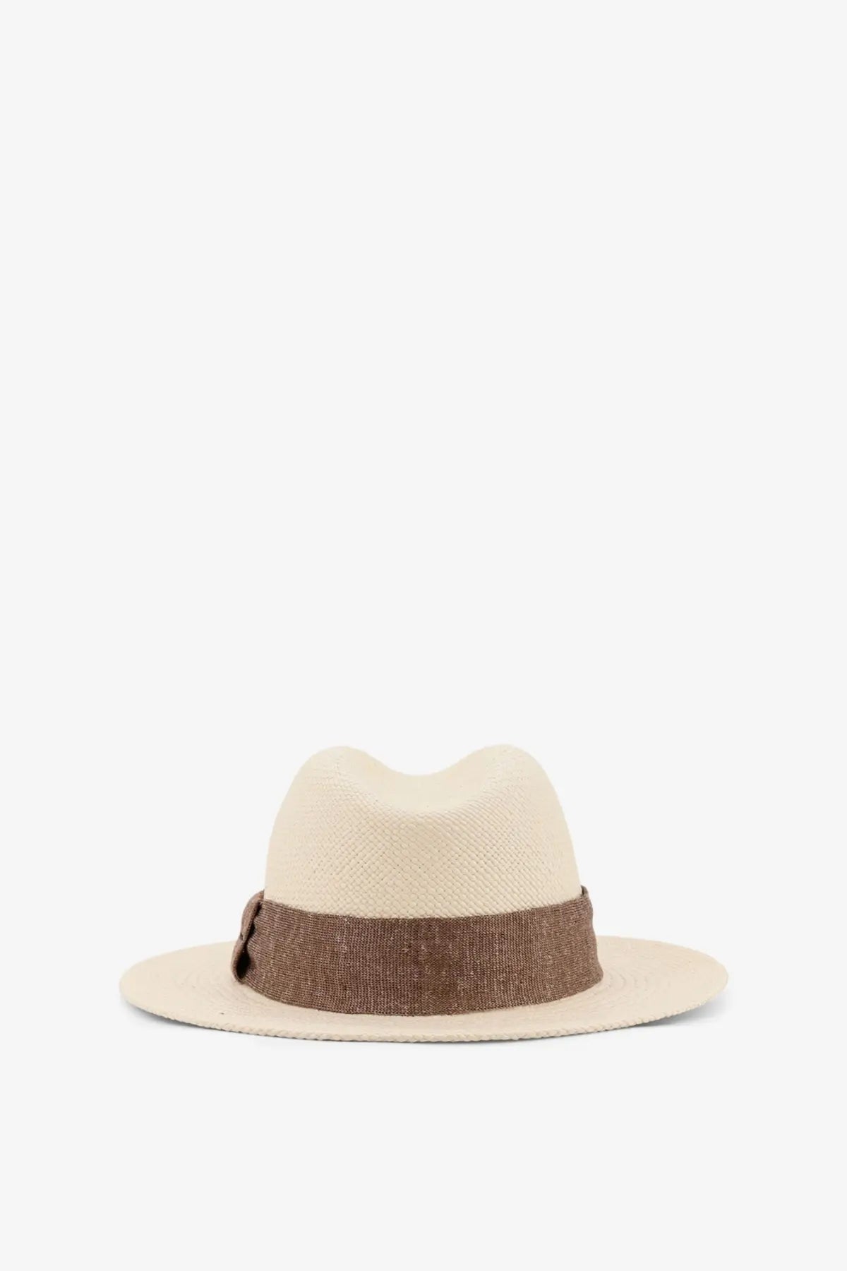 Beige woven fedora with a contrasting brown band by Kiton made from Panama straw for men