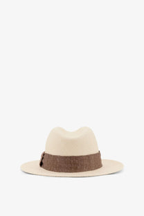 Beige woven fedora with a contrasting brown band by Kiton made from Panama straw for men
