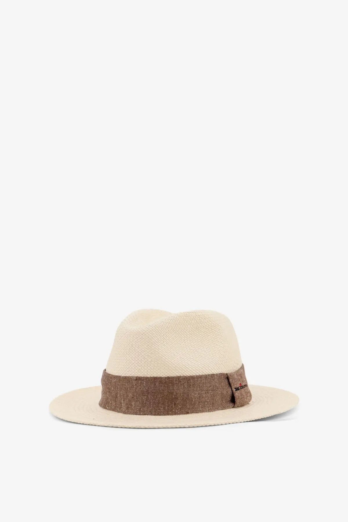 Beige woven fedora kiton men’s panama straw hat with a contrasting brown textured band for stylish wear
