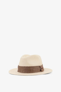 Beige woven fedora kiton men’s panama straw hat with a contrasting brown textured band for stylish wear