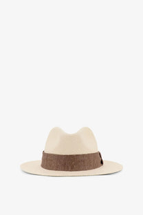 Beige woven fedora hat with brown textured band made of Panama straw by Kiton for men