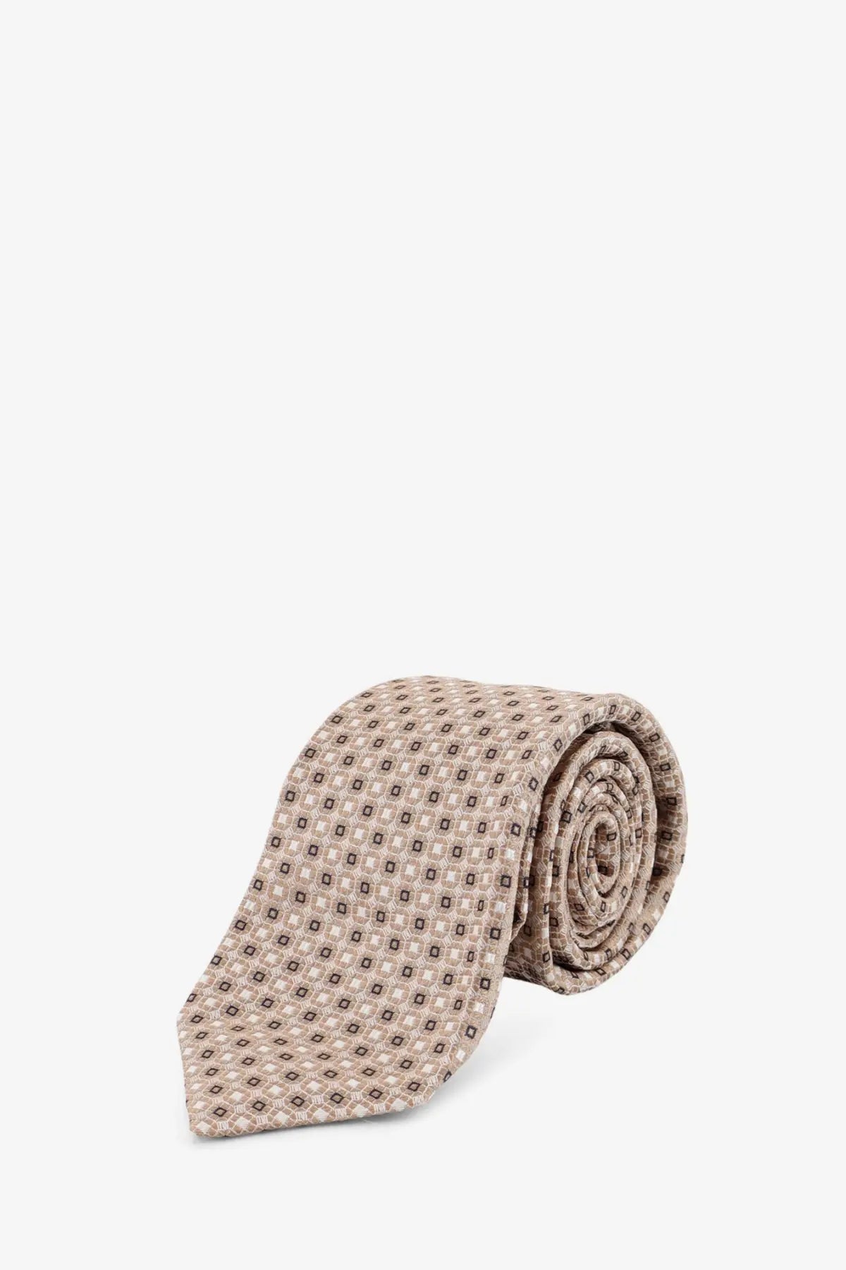 Beige kiton men’s silk tie with subtle dark geometric pattern rolled neatly for display