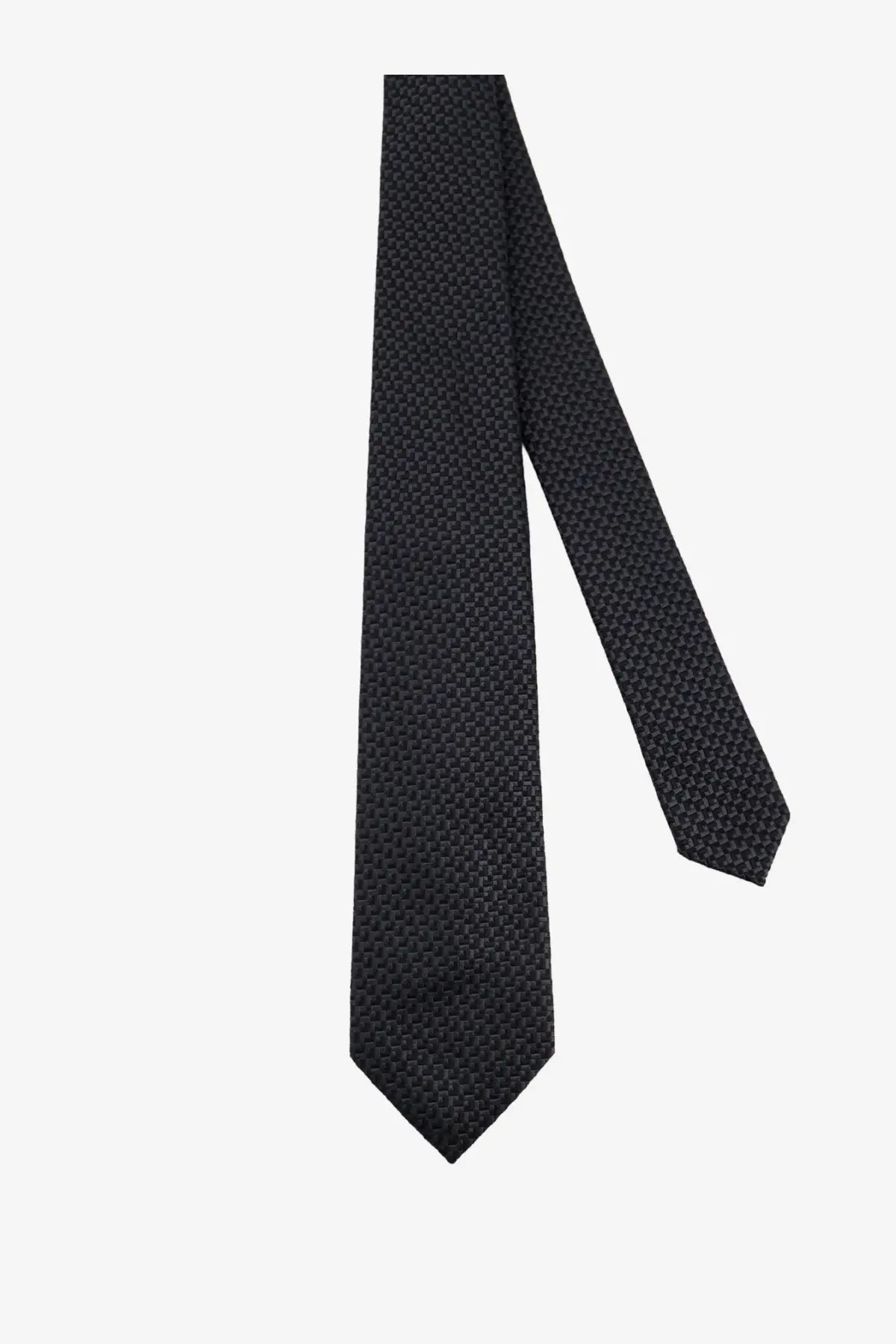 Kiton men’s silk tie in black with a subtle woven texture and multicolor accents