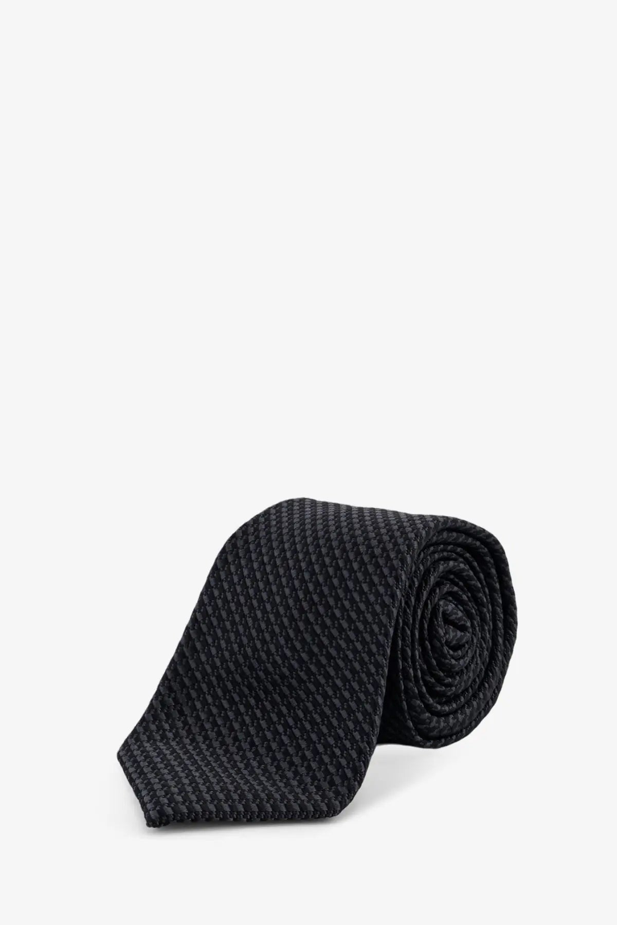 Kiton men’s silk tie in black with a subtle textured pattern and woven multicolor design