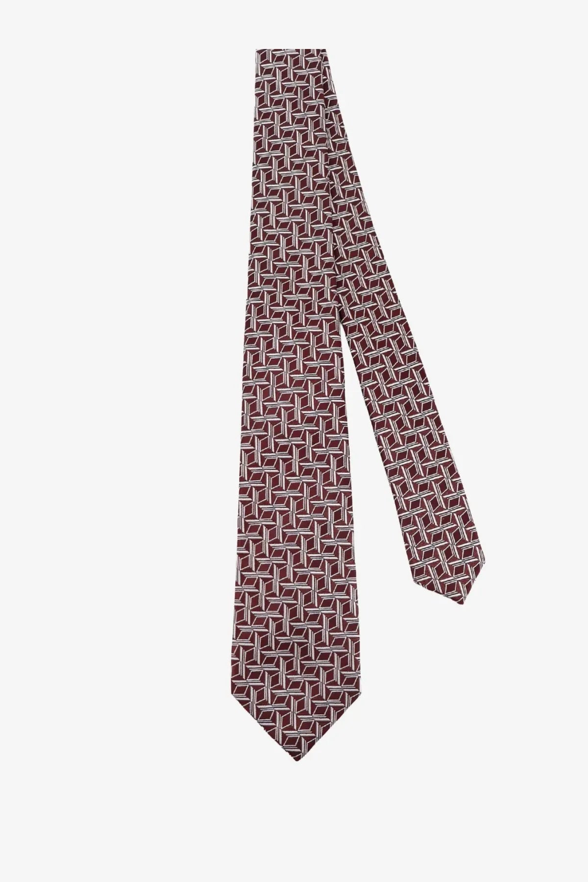 Kiton men’s silk tie in burgundy with a subtle white geometric pattern for formal and business wear