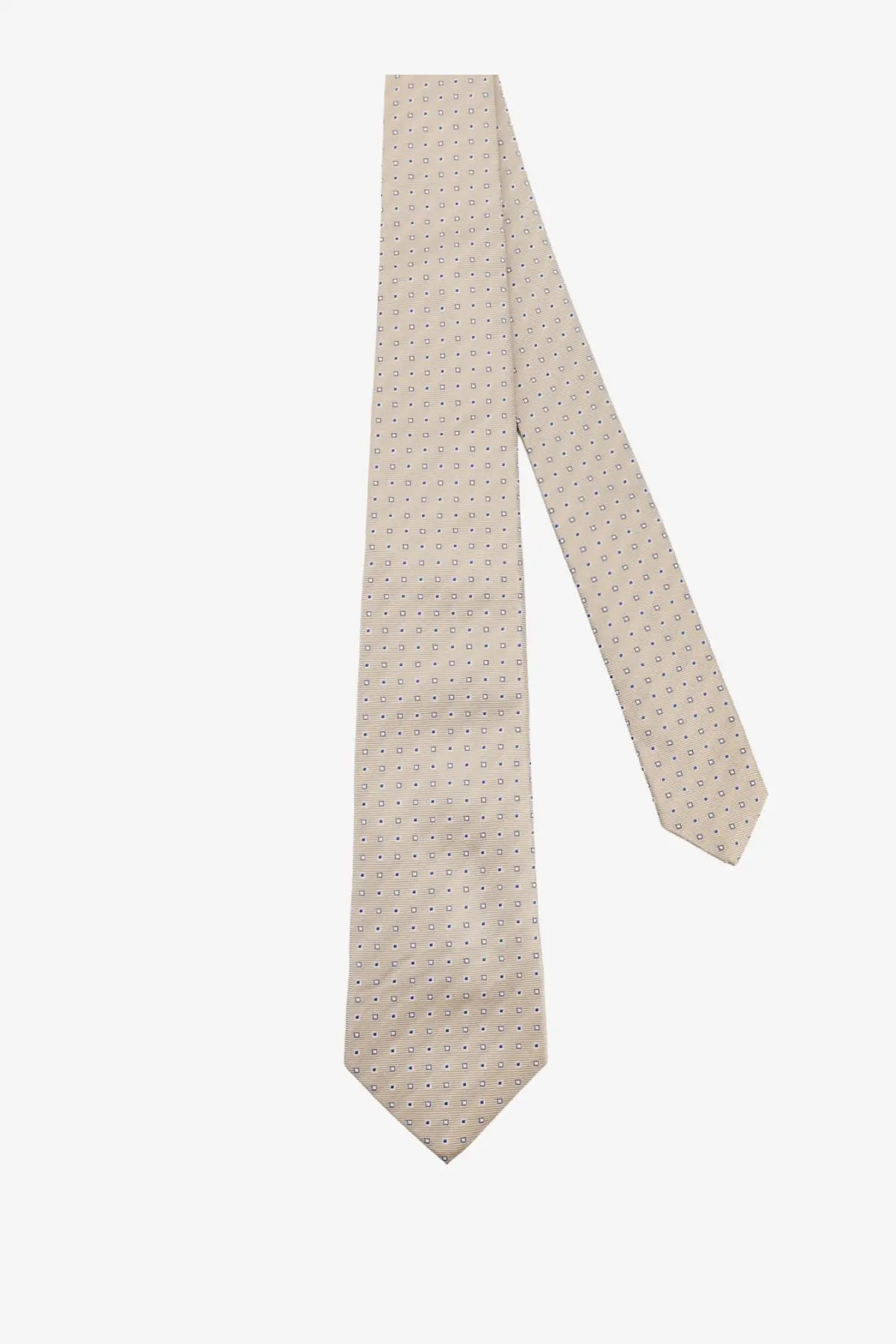 A light beige Kiton men’s silk tie with a subtle pattern of small dark gray dots
