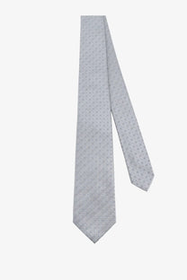Kiton men’s silk tie in light gray with a subtle pattern of small dark dots for formal and business wear