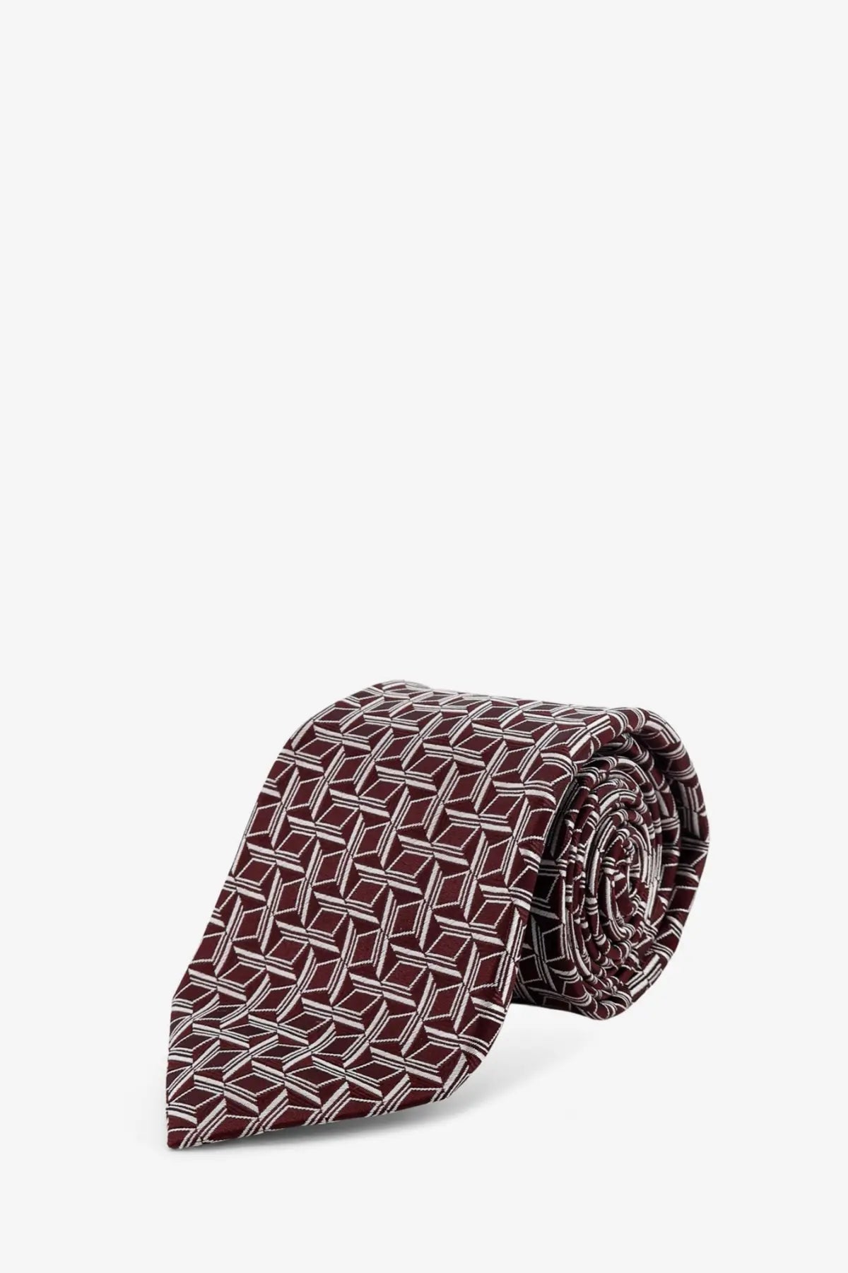 Kiton men’s silk tie in maroon with a white geometric pattern featuring interlocking diamond shapes